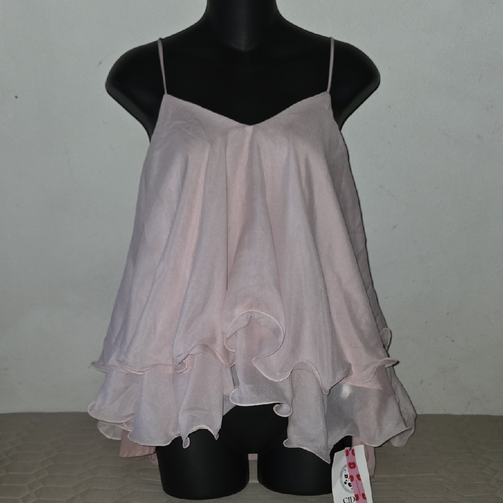 Cider Ruffle Hem Knotted Layered Mesh Cami Top - Picture 4 of 10